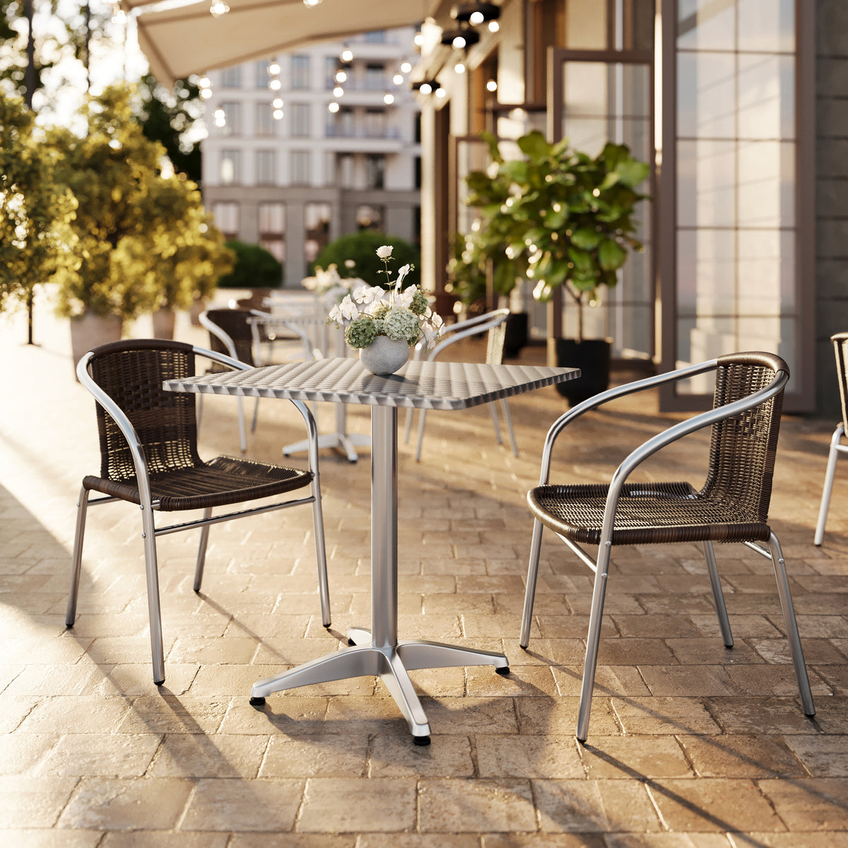 Lila 27.5'' Square Aluminum Indoor-Outdoor Table Set with 2 Dark Brown Rattan Chairs