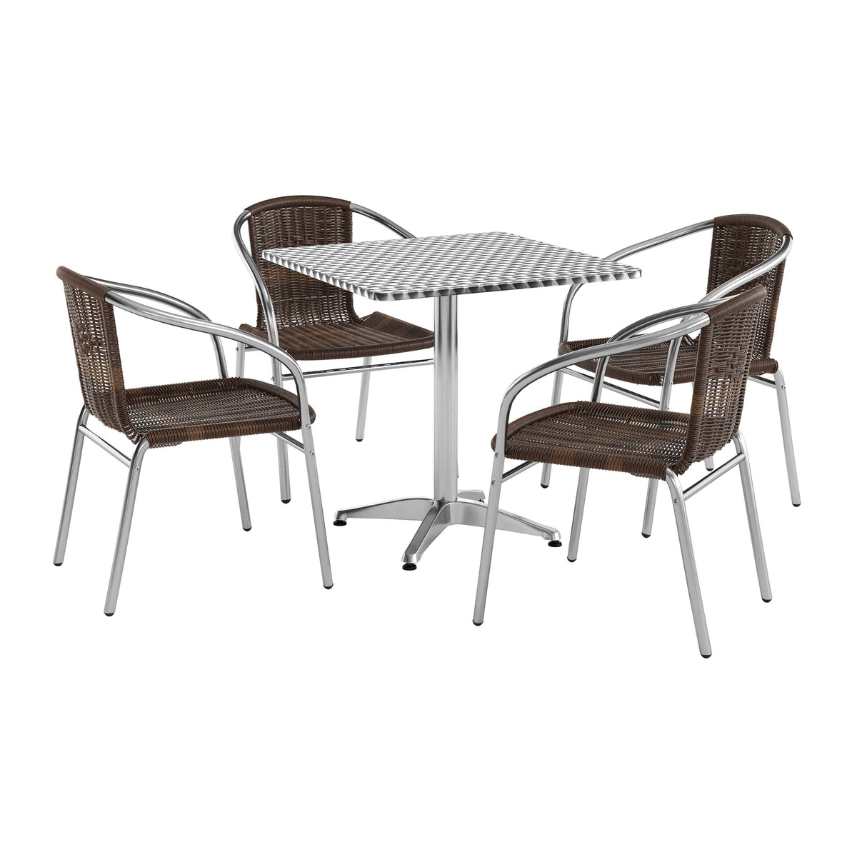 Lila 27.5'' Square Aluminum Indoor-Outdoor Table Set with 4 Dark Brown Rattan Chairs