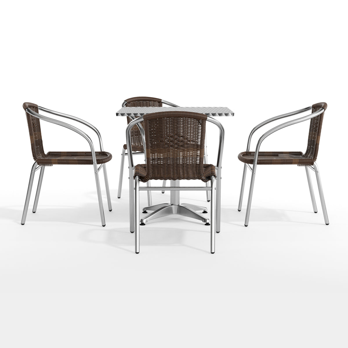 Lila 27.5'' Square Aluminum Indoor-Outdoor Table Set with 4 Dark Brown Rattan Chairs