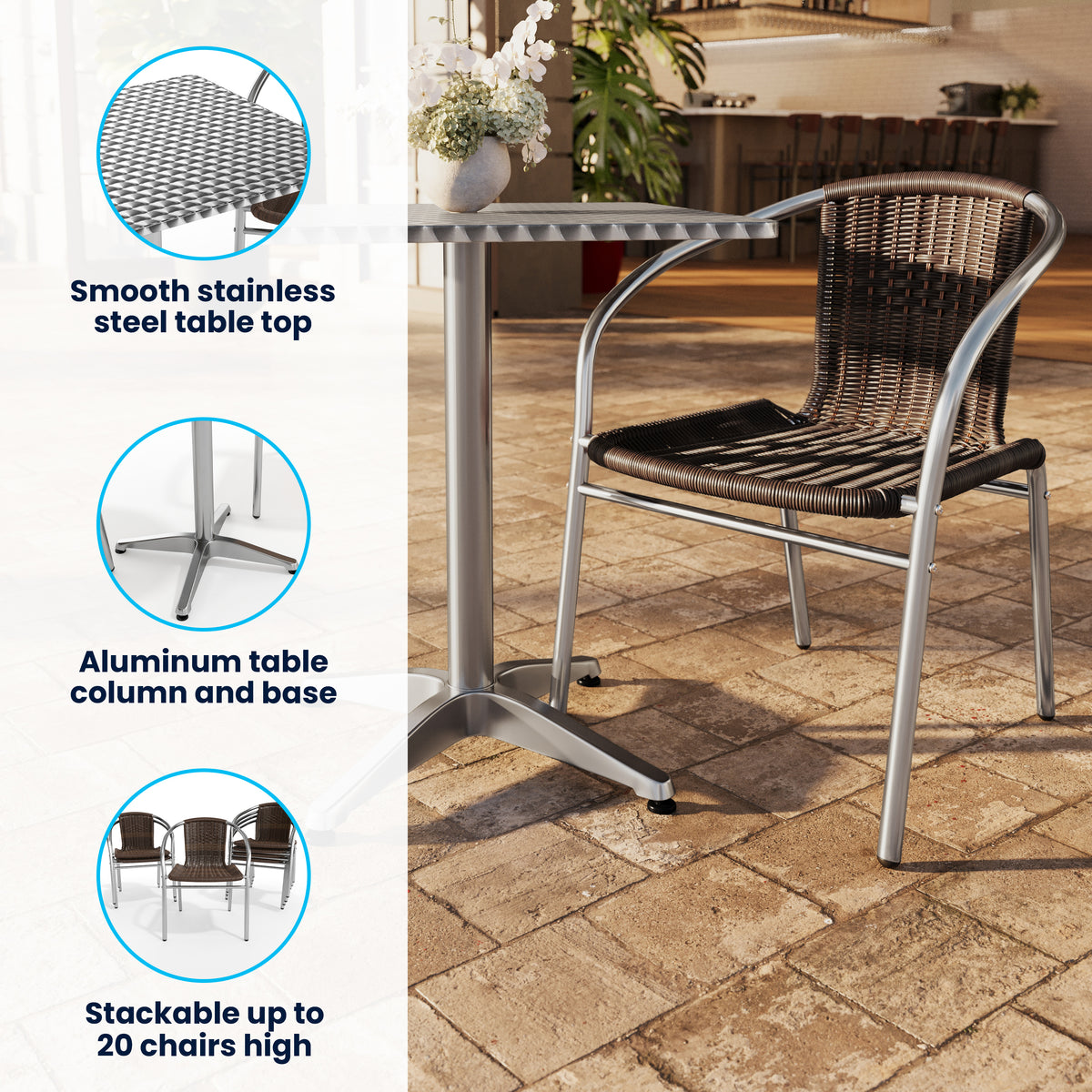 Lila 27.5'' Square Aluminum Indoor-Outdoor Table Set with 4 Dark Brown Rattan Chairs