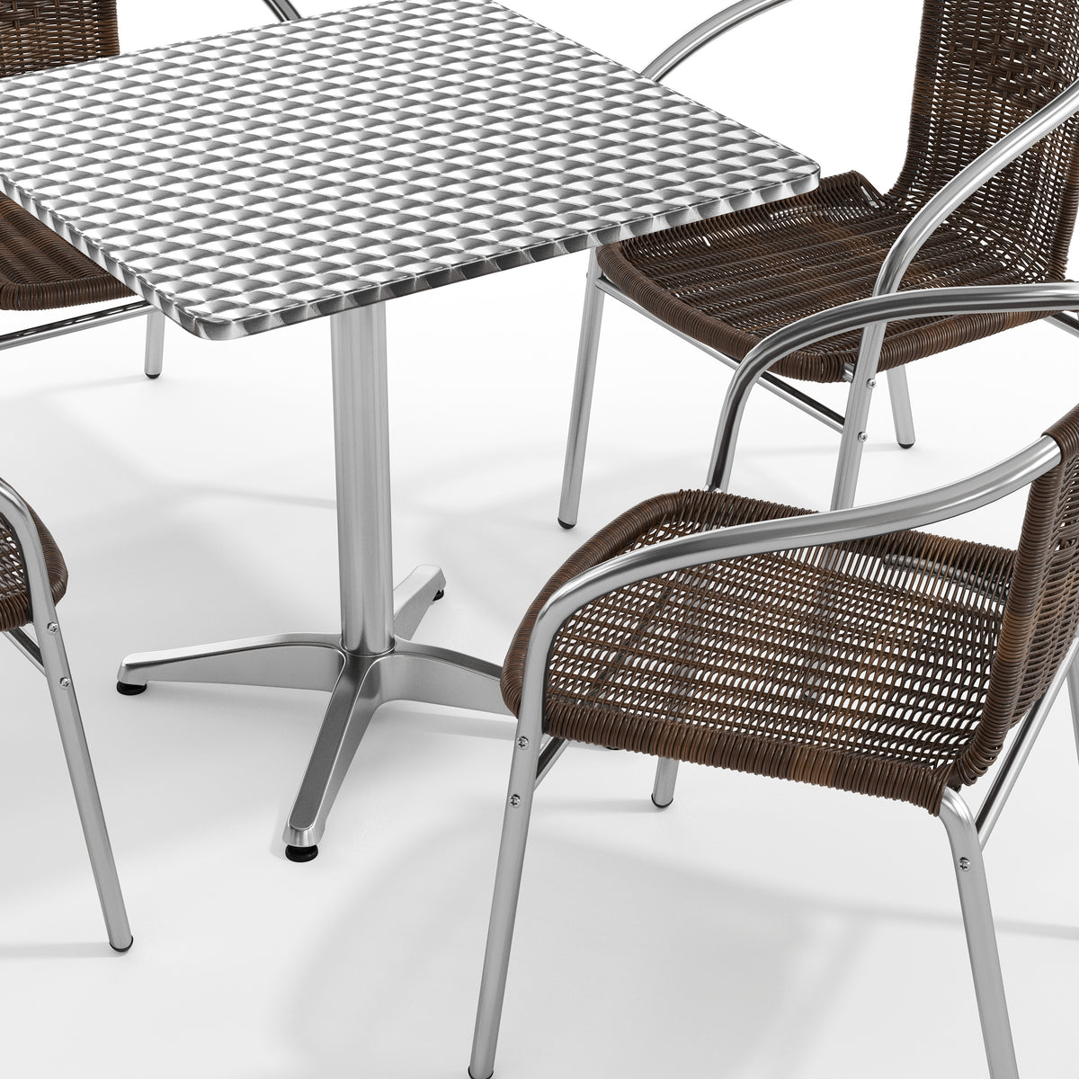 Lila 27.5'' Square Aluminum Indoor-Outdoor Table Set with 4 Dark Brown Rattan Chairs
