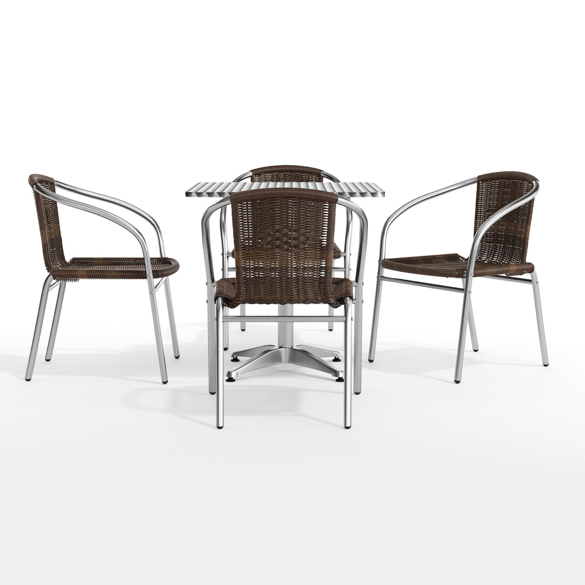 Lila 27.5'' Square Aluminum Indoor-Outdoor Table Set with 4 Dark Brown Rattan Chairs