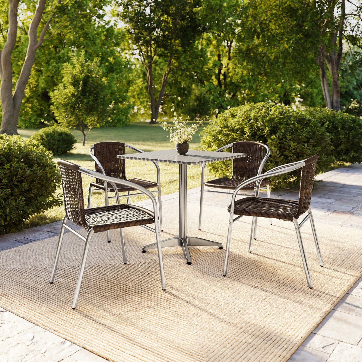 Lila 27.5'' Square Aluminum Indoor-Outdoor Table Set with 4 Dark Brown Rattan Chairs