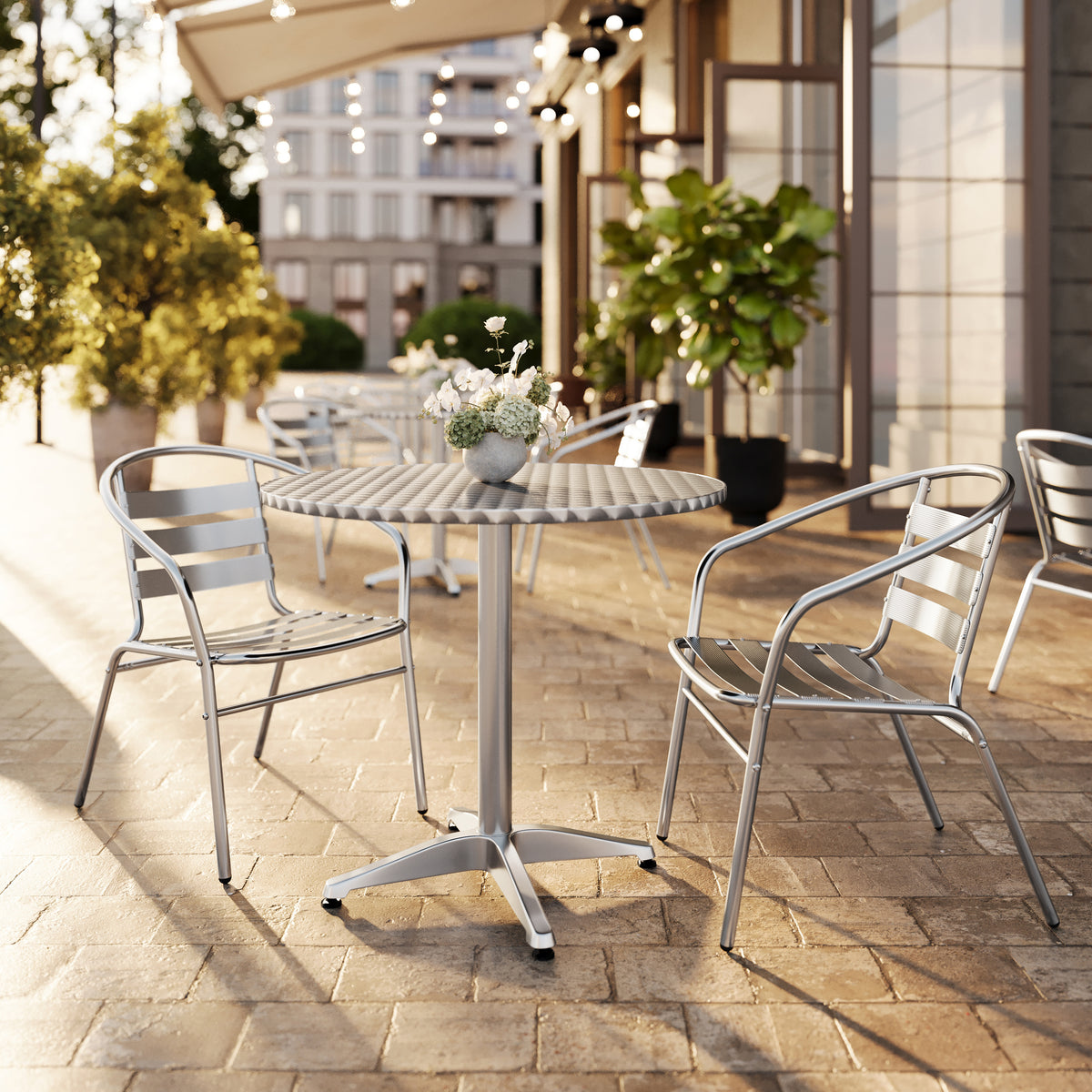 Lila 31.5'' Round Aluminum Indoor-Outdoor Table Set with 2 Slat Back Chairs