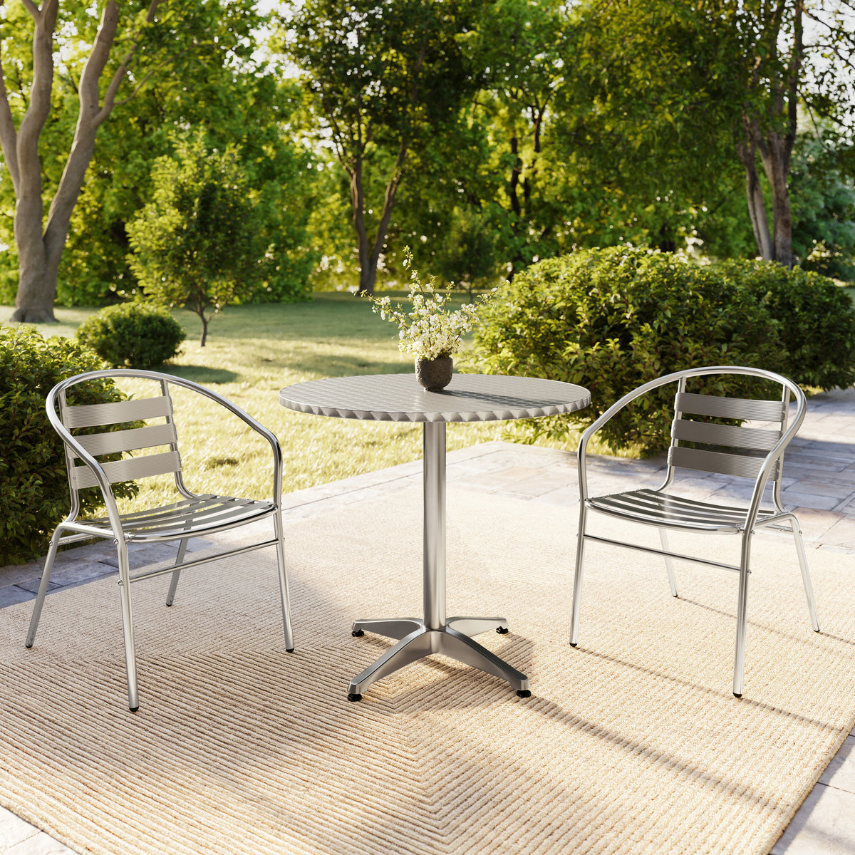 Lila 31.5'' Round Aluminum Indoor-Outdoor Table Set with 2 Slat Back Chairs