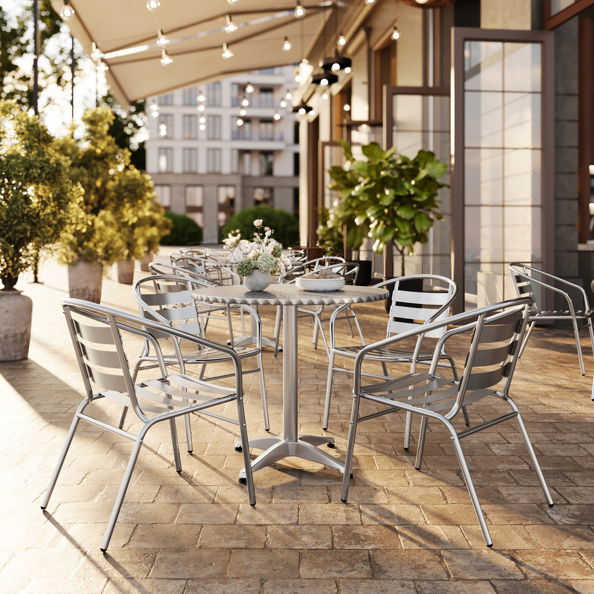 Lila 31.5'' Round Aluminum Indoor-Outdoor Table Set with 4 Slat Back Chairs