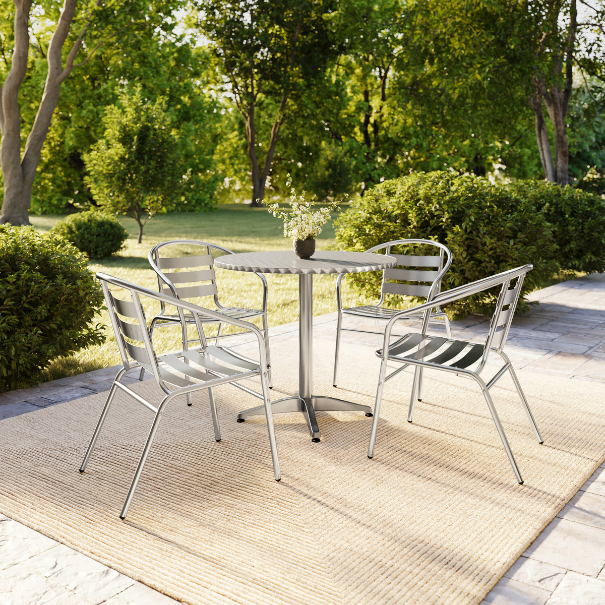 Lila 31.5'' Round Aluminum Indoor-Outdoor Table Set with 4 Slat Back Chairs