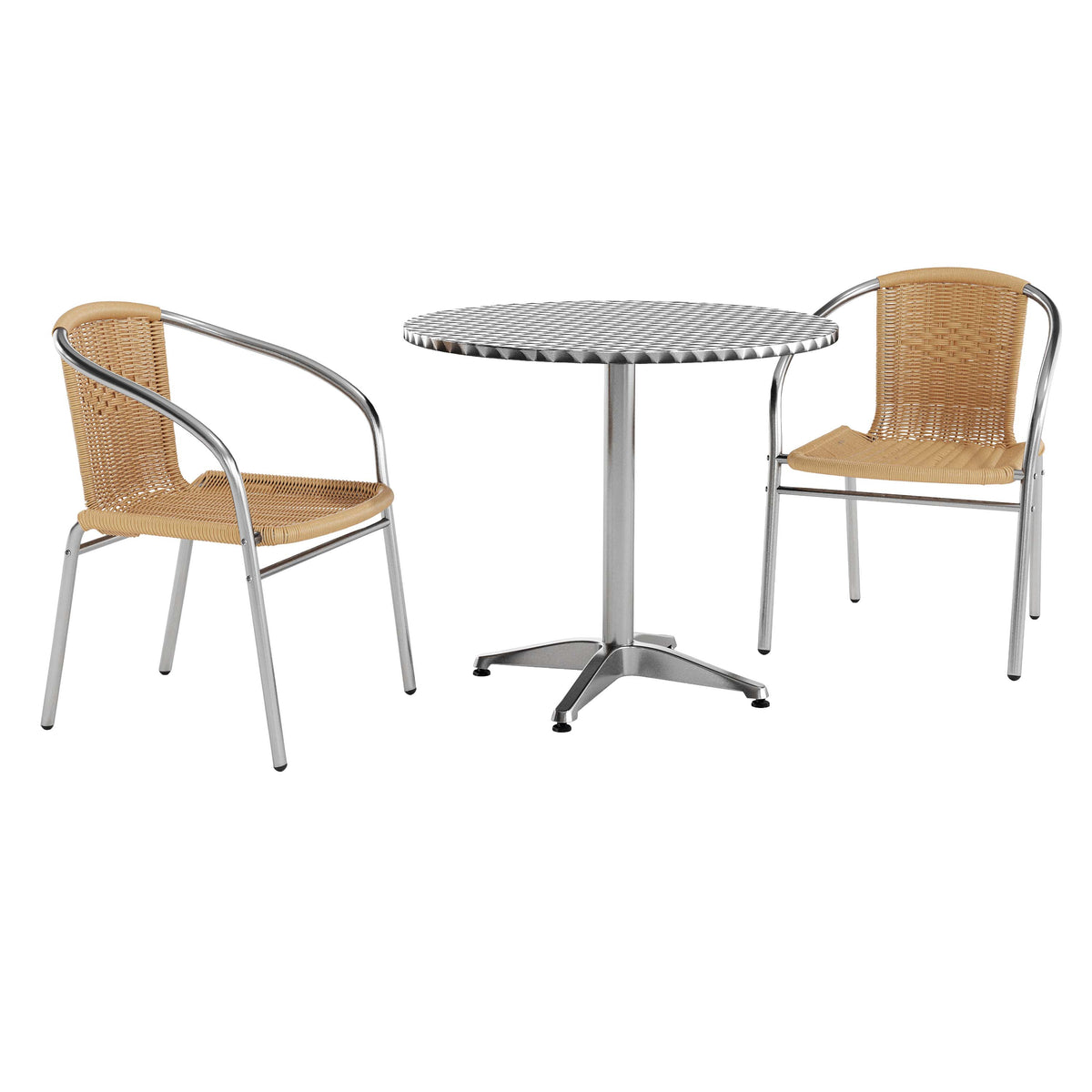 Lila 31.5'' Round Aluminum Indoor-Outdoor Table Set with 2 Beige Rattan Chairs