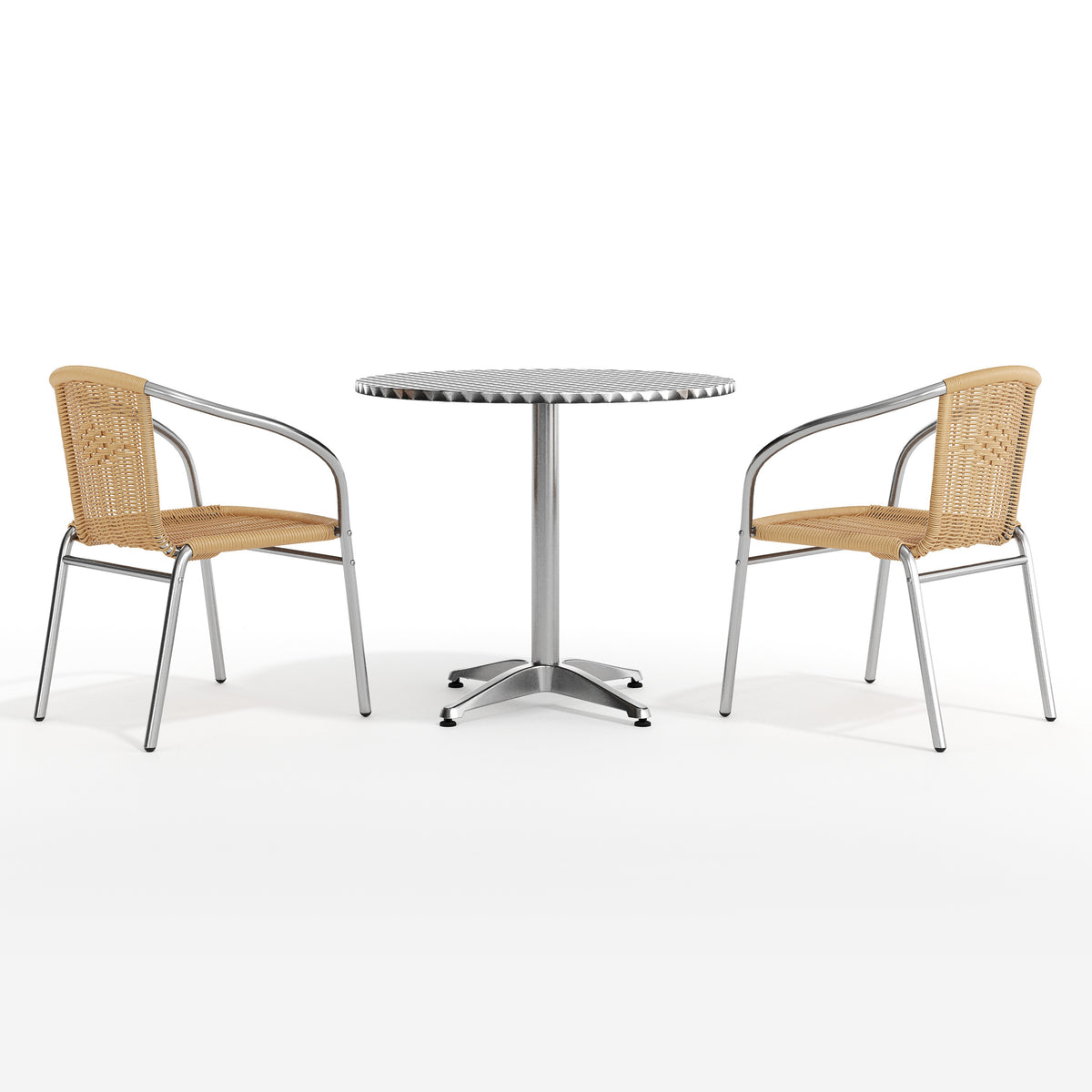 Lila 31.5'' Round Aluminum Indoor-Outdoor Table Set with 2 Beige Rattan Chairs