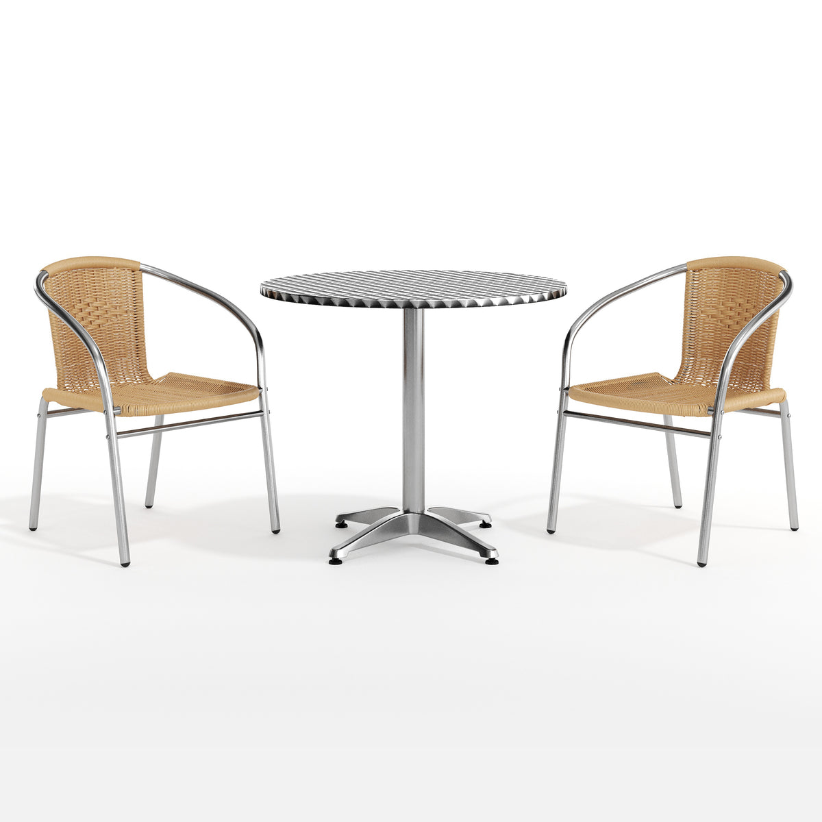 Lila 31.5'' Round Aluminum Indoor-Outdoor Table Set with 2 Beige Rattan Chairs