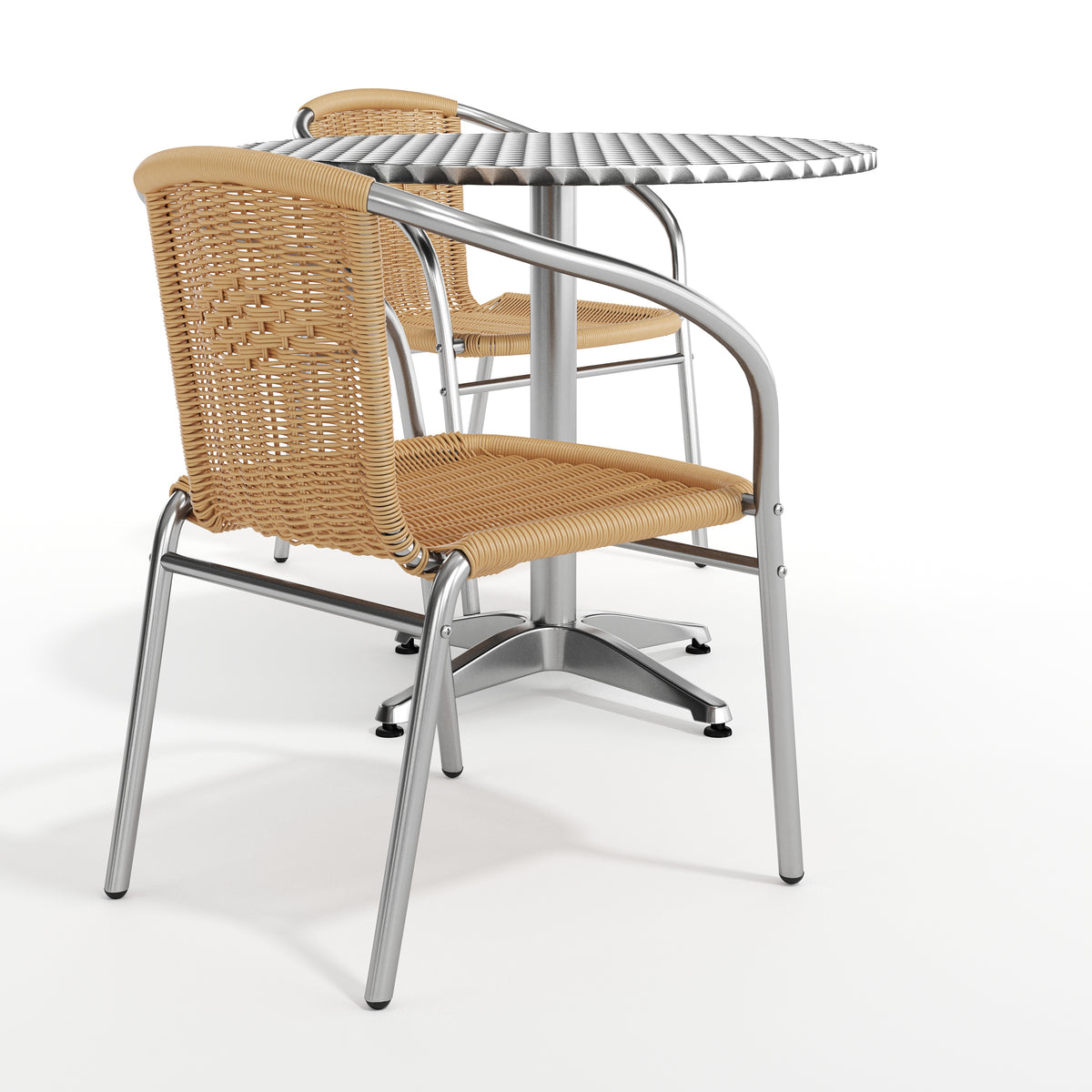 Lila 31.5'' Round Aluminum Indoor-Outdoor Table Set with 2 Beige Rattan Chairs