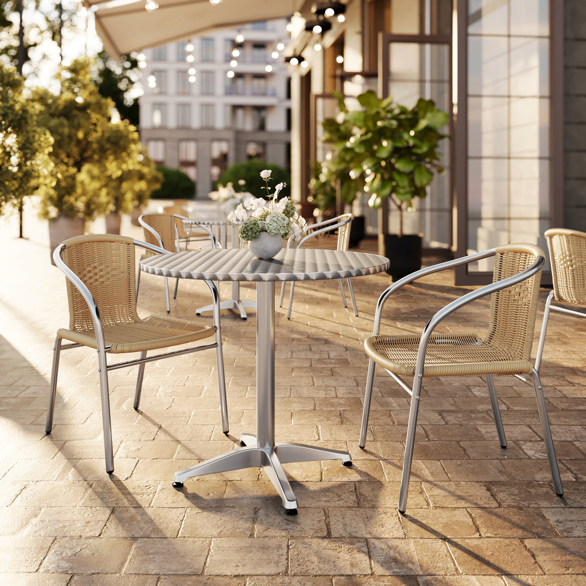 Lila 31.5'' Round Aluminum Indoor-Outdoor Table Set with 2 Beige Rattan Chairs