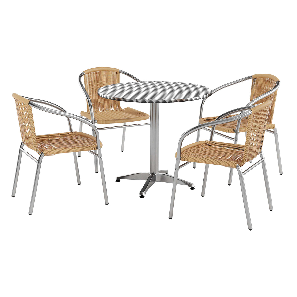 Lila 31.5'' Round Aluminum Indoor-Outdoor Table Set with 4 Beige Rattan Chairs