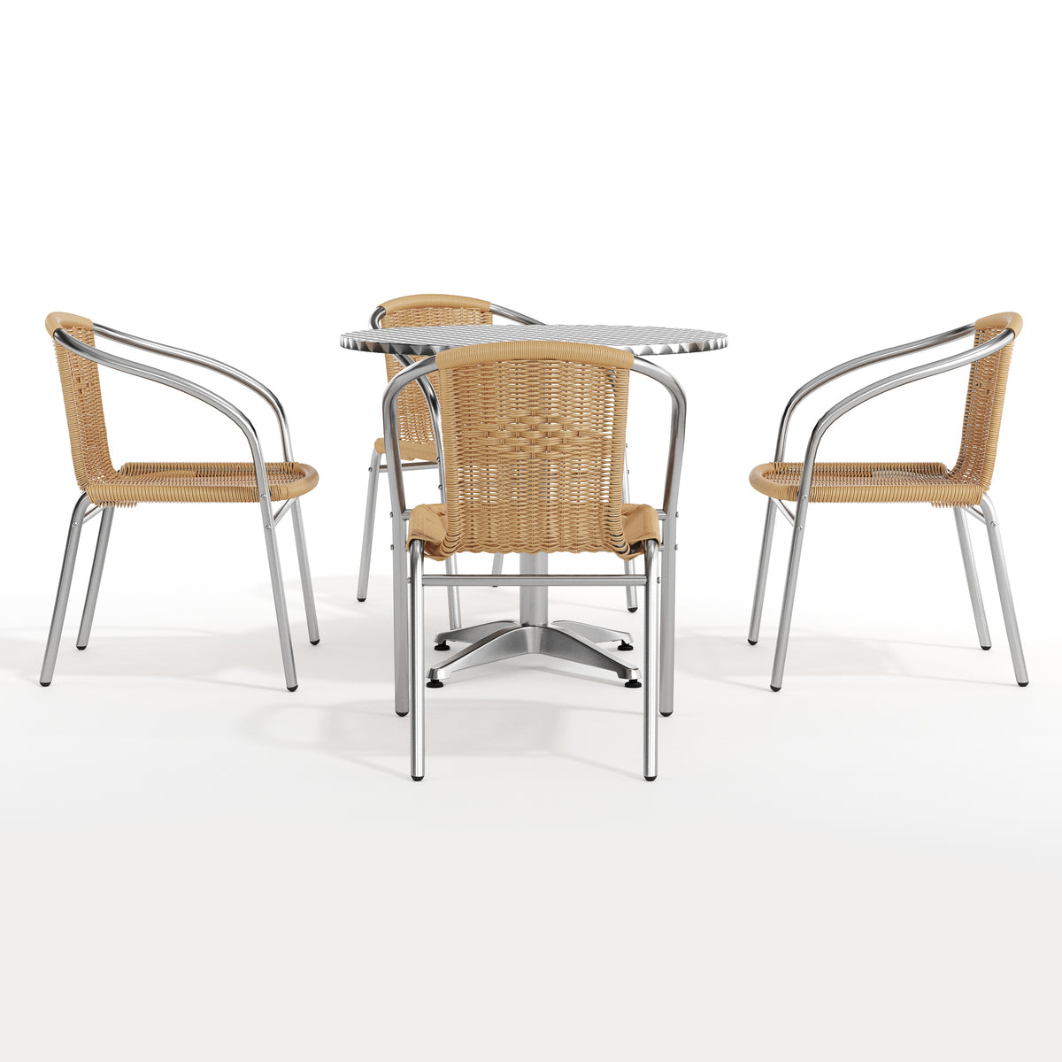 Lila 31.5'' Round Aluminum Indoor-Outdoor Table Set with 4 Beige Rattan Chairs