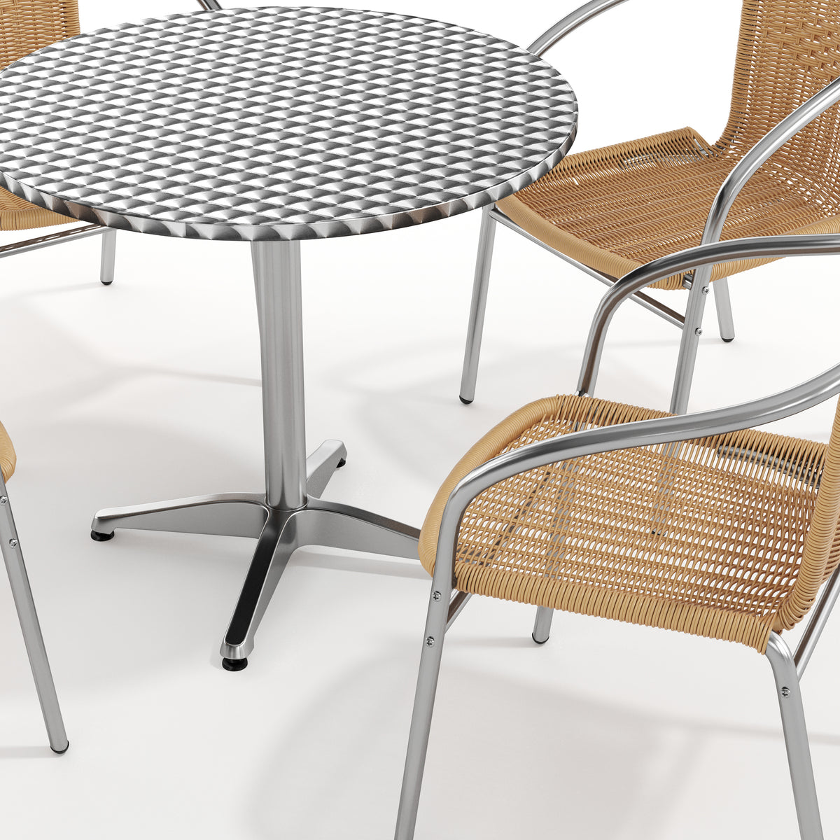 Lila 31.5'' Round Aluminum Indoor-Outdoor Table Set with 4 Beige Rattan Chairs