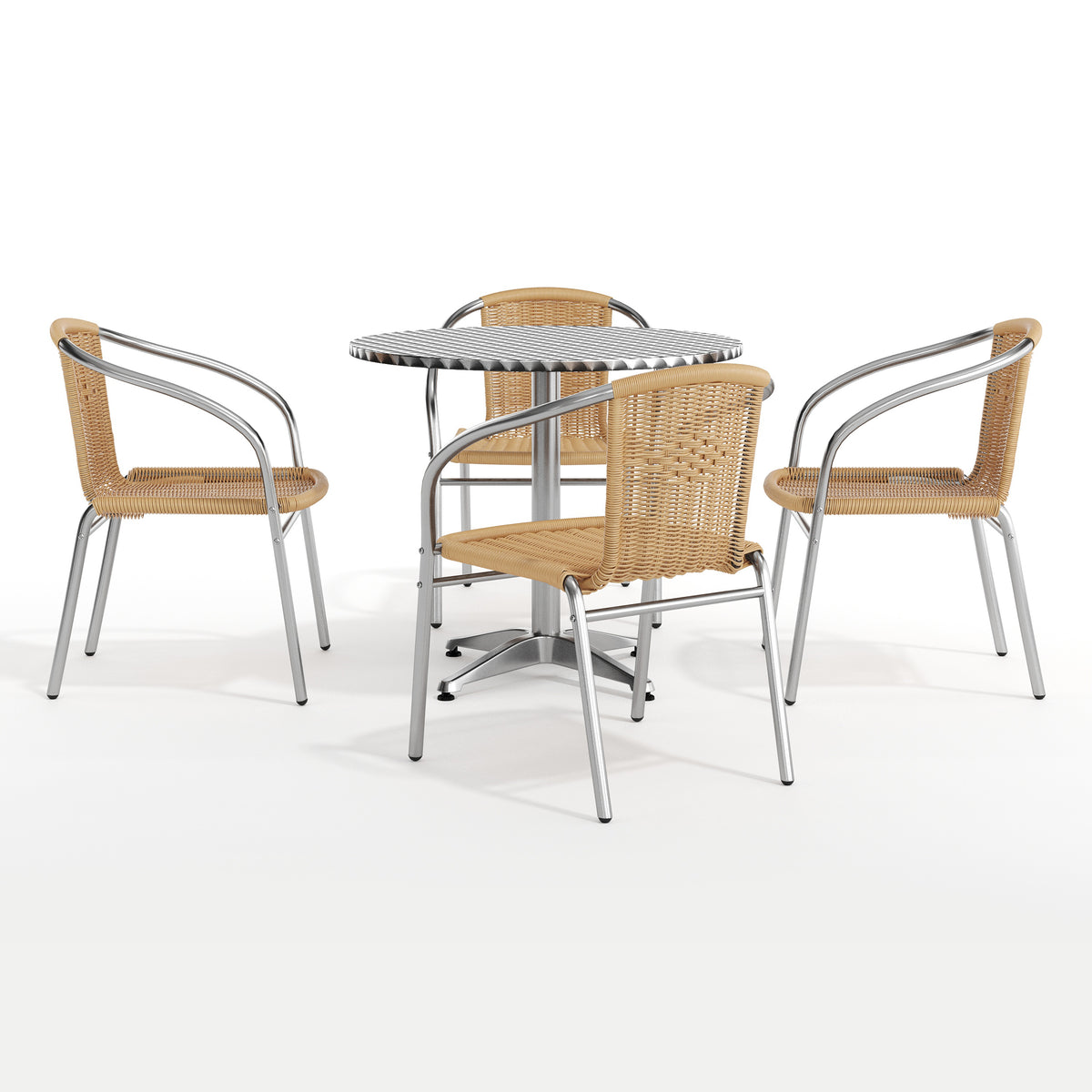 Lila 31.5'' Round Aluminum Indoor-Outdoor Table Set with 4 Beige Rattan Chairs