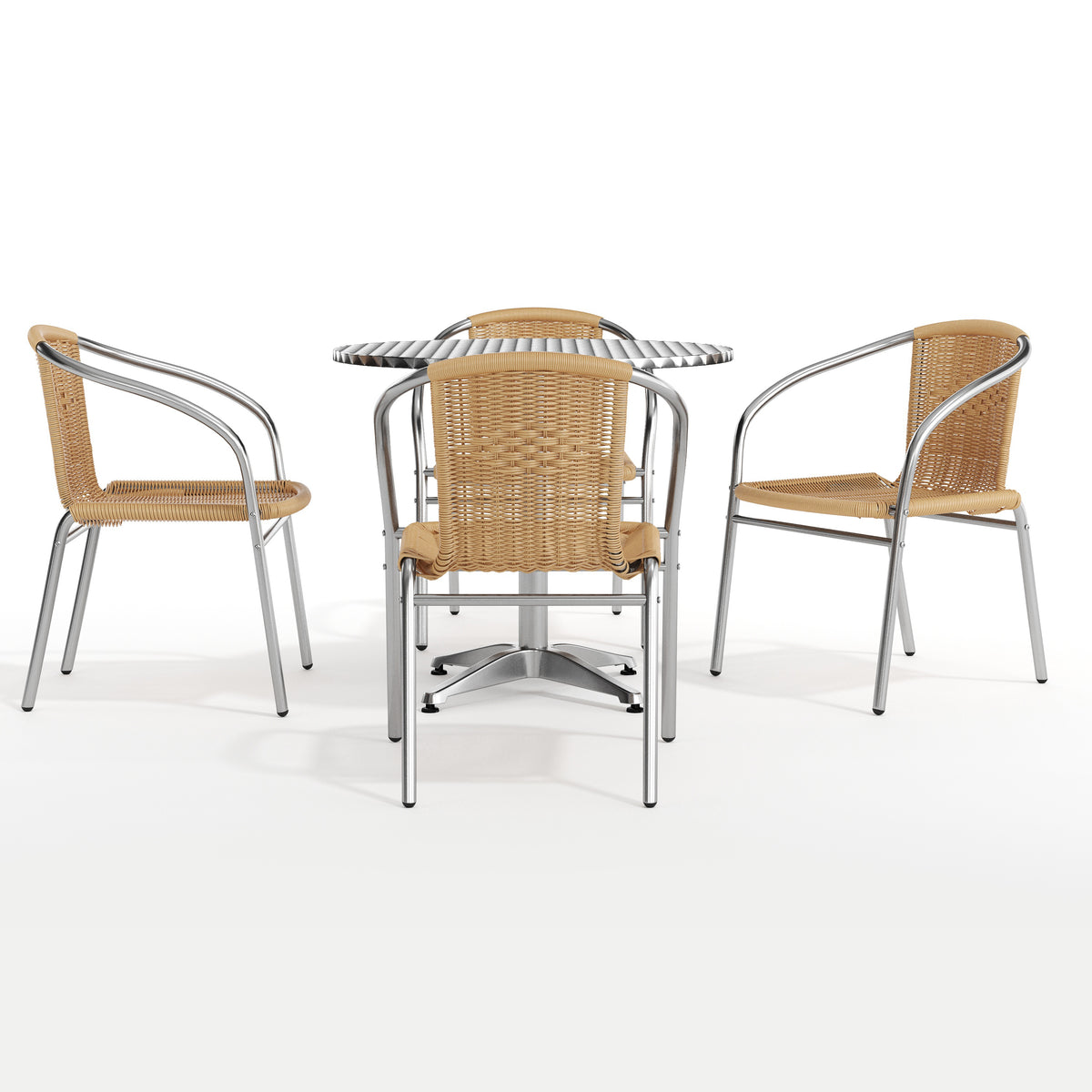 Lila 31.5'' Round Aluminum Indoor-Outdoor Table Set with 4 Beige Rattan Chairs