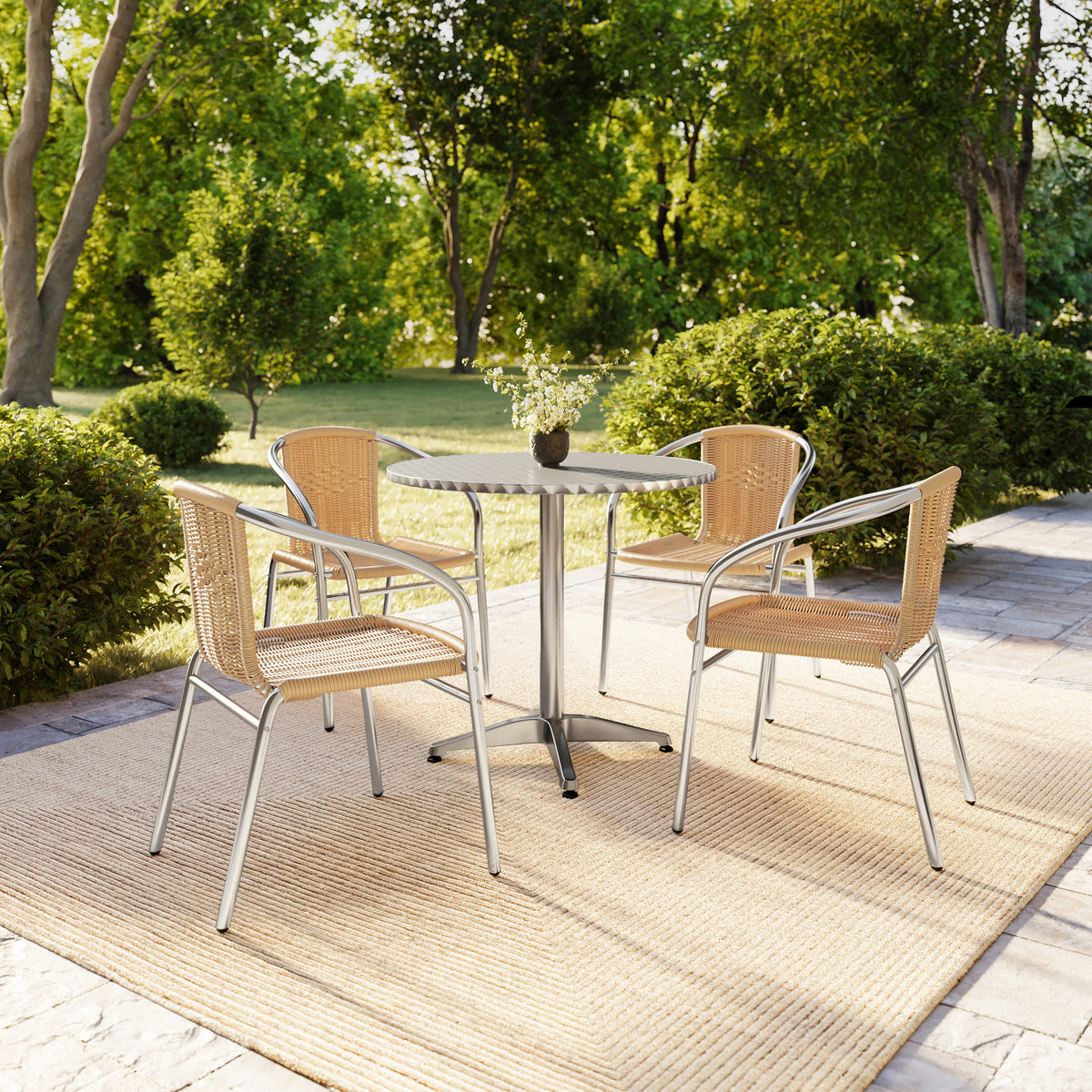 Lila 31.5'' Round Aluminum Indoor-Outdoor Table Set with 4 Beige Rattan Chairs