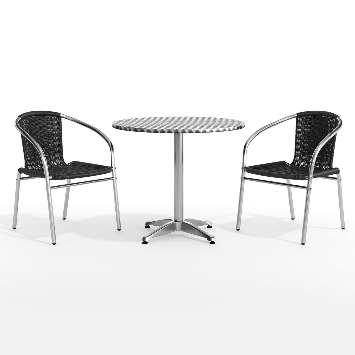Lila 31.5'' Round Aluminum Indoor-Outdoor Table Set with 2 Black Rattan Chairs