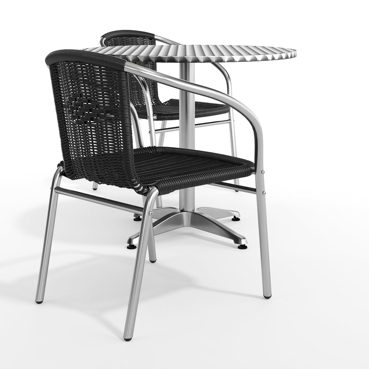 Lila 31.5'' Round Aluminum Indoor-Outdoor Table Set with 2 Black Rattan Chairs