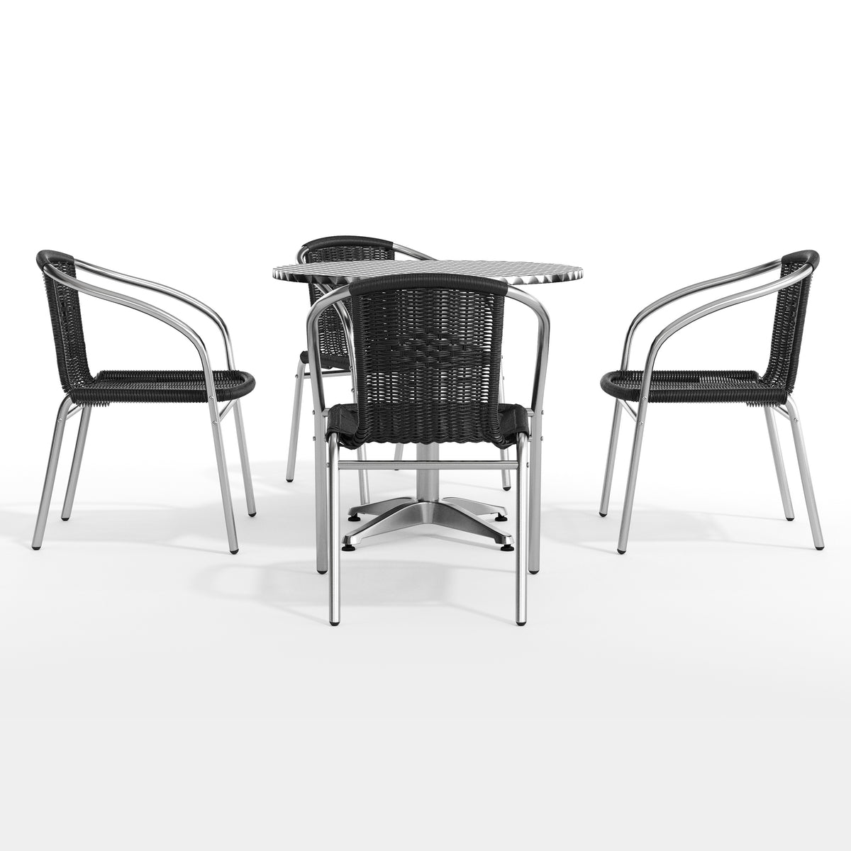Lila 31.5'' Round Aluminum Indoor-Outdoor Table Set with 4 Black Rattan Chairs