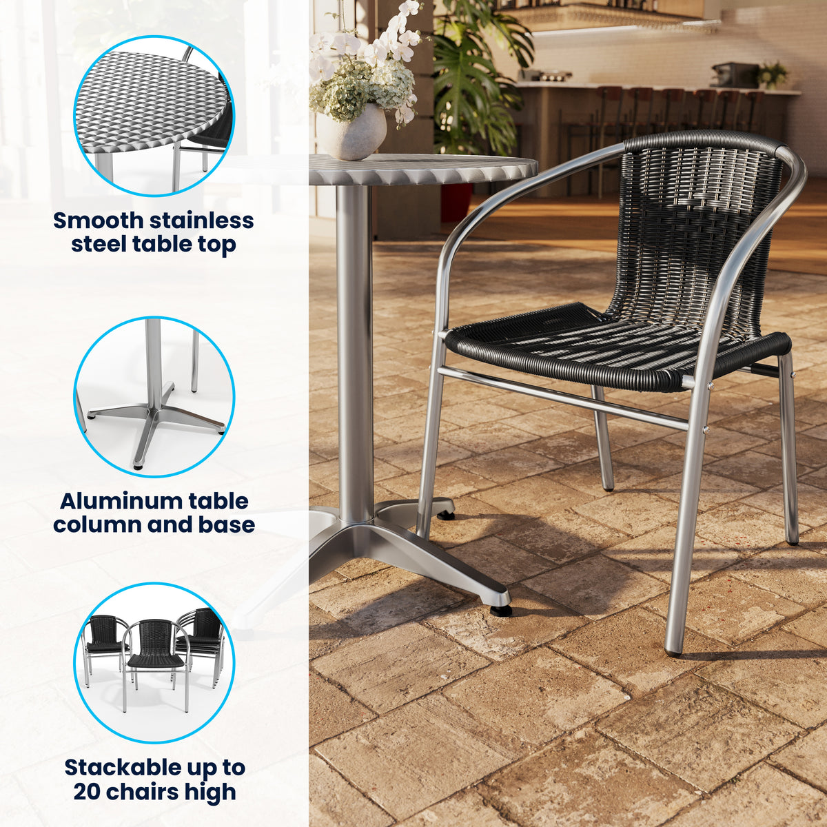 Lila 31.5'' Round Aluminum Indoor-Outdoor Table Set with 4 Black Rattan Chairs
