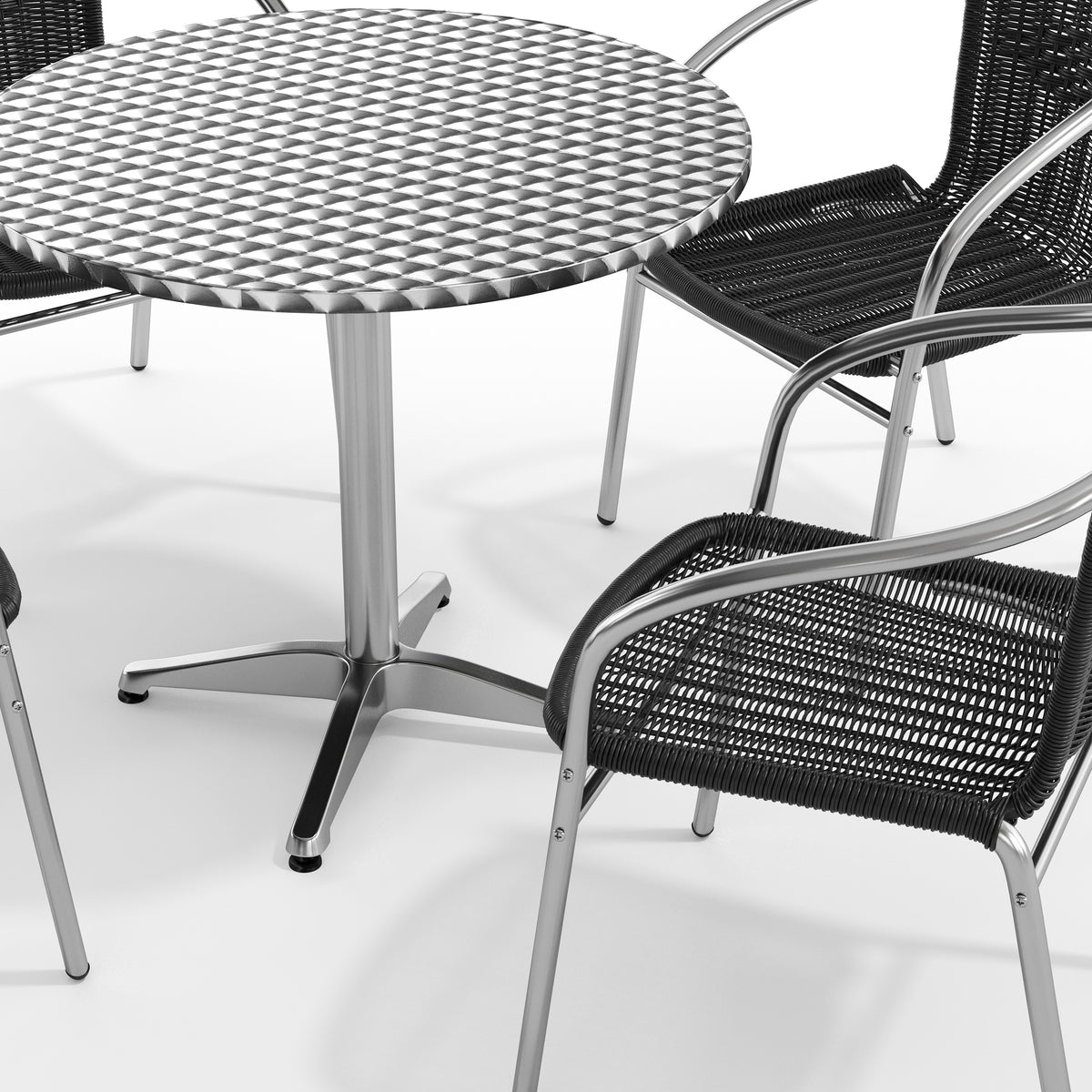 Lila 31.5'' Round Aluminum Indoor-Outdoor Table Set with 4 Black Rattan Chairs