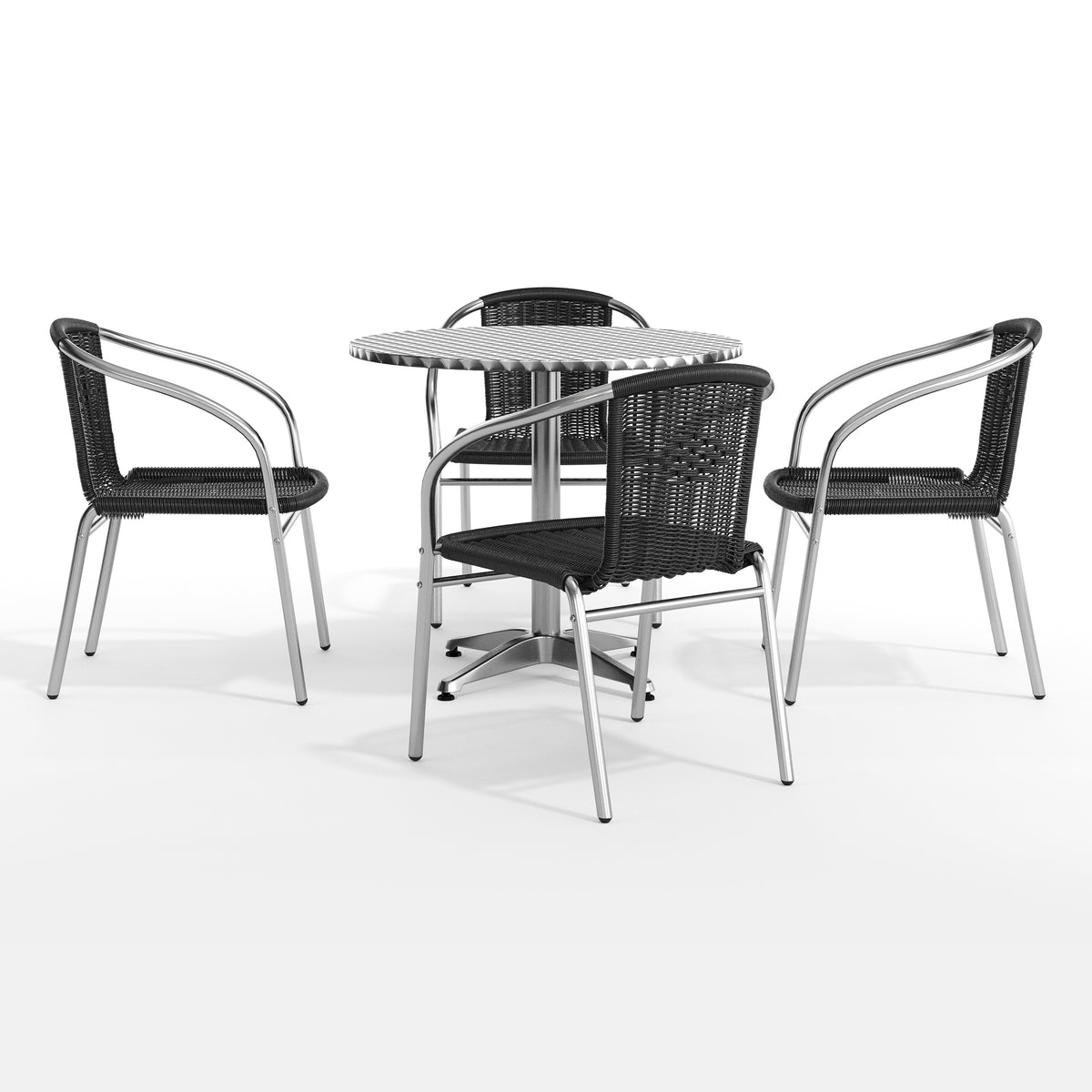 Lila 31.5'' Round Aluminum Indoor-Outdoor Table Set with 4 Black Rattan Chairs