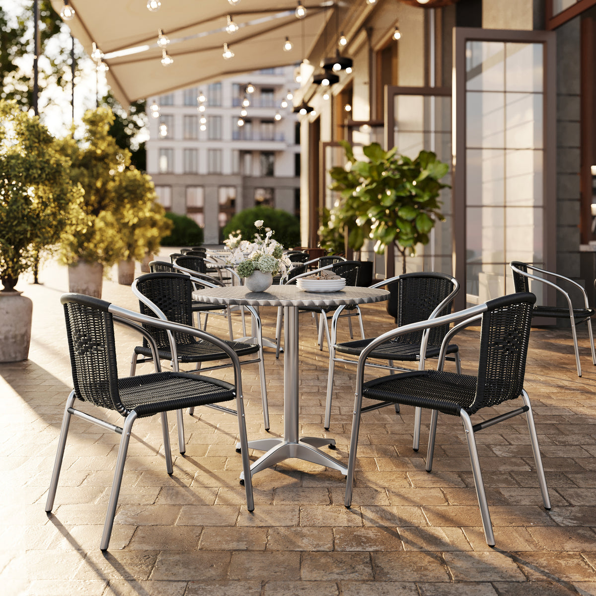 Lila 31.5'' Round Aluminum Indoor-Outdoor Table Set with 4 Black Rattan Chairs