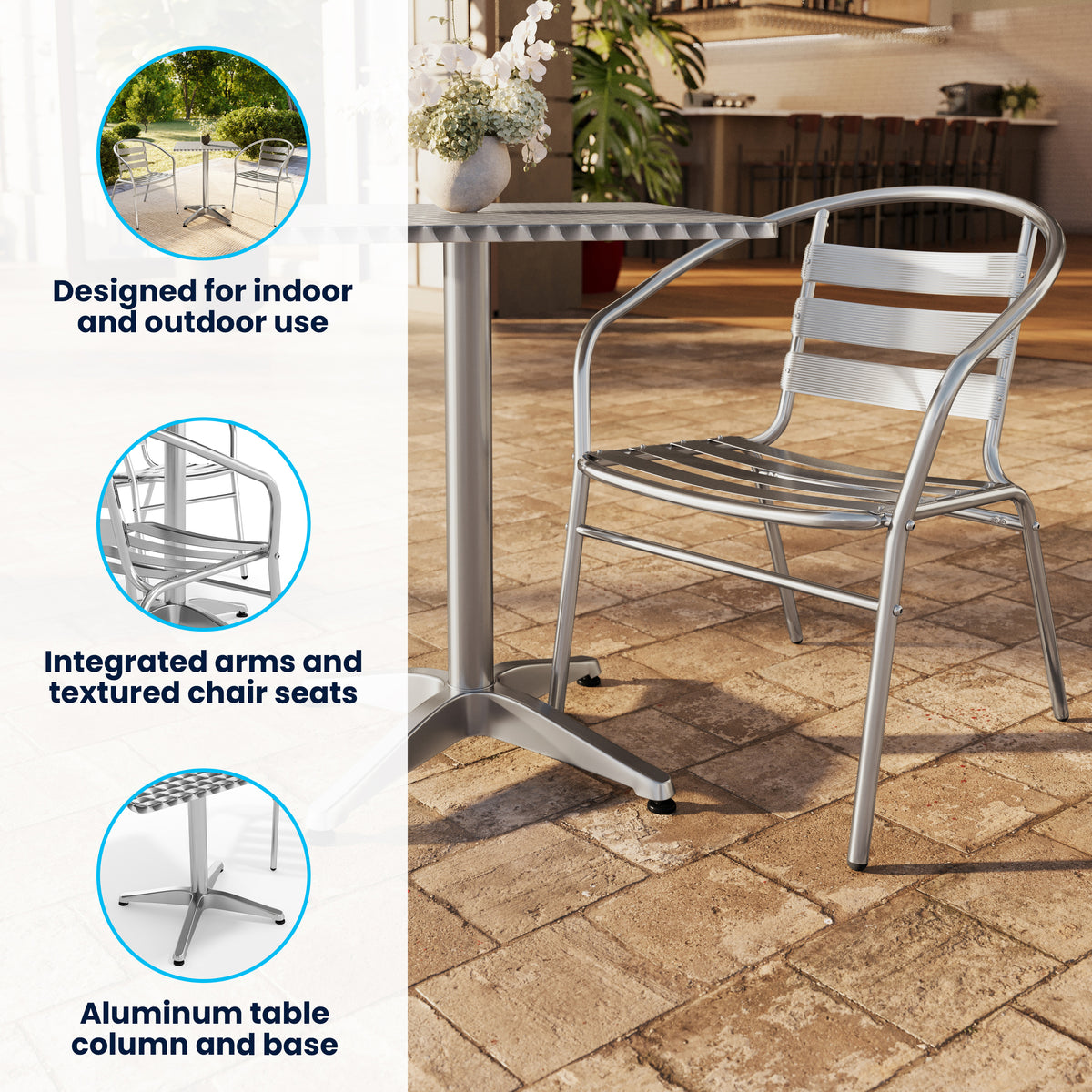 Lila 31.5'' Square Aluminum Indoor-Outdoor Table Set with 2 Slat Back Chairs
