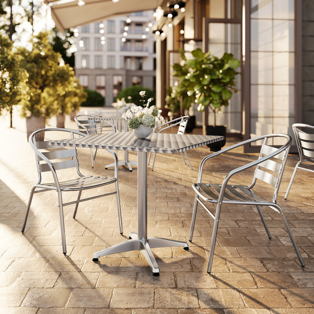 Lila 31.5'' Square Aluminum Indoor-Outdoor Table Set with 2 Slat Back Chairs
