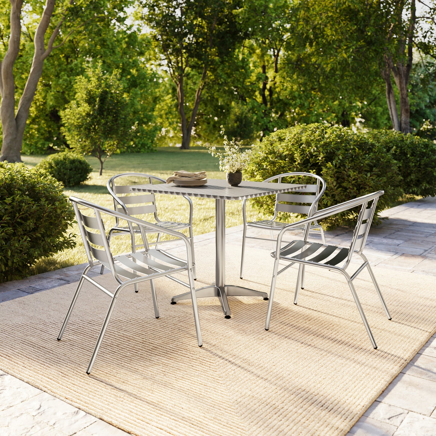 Lila 31.5'' Square Aluminum Indoor-Outdoor Table Set with 4 Slat Back Chairs