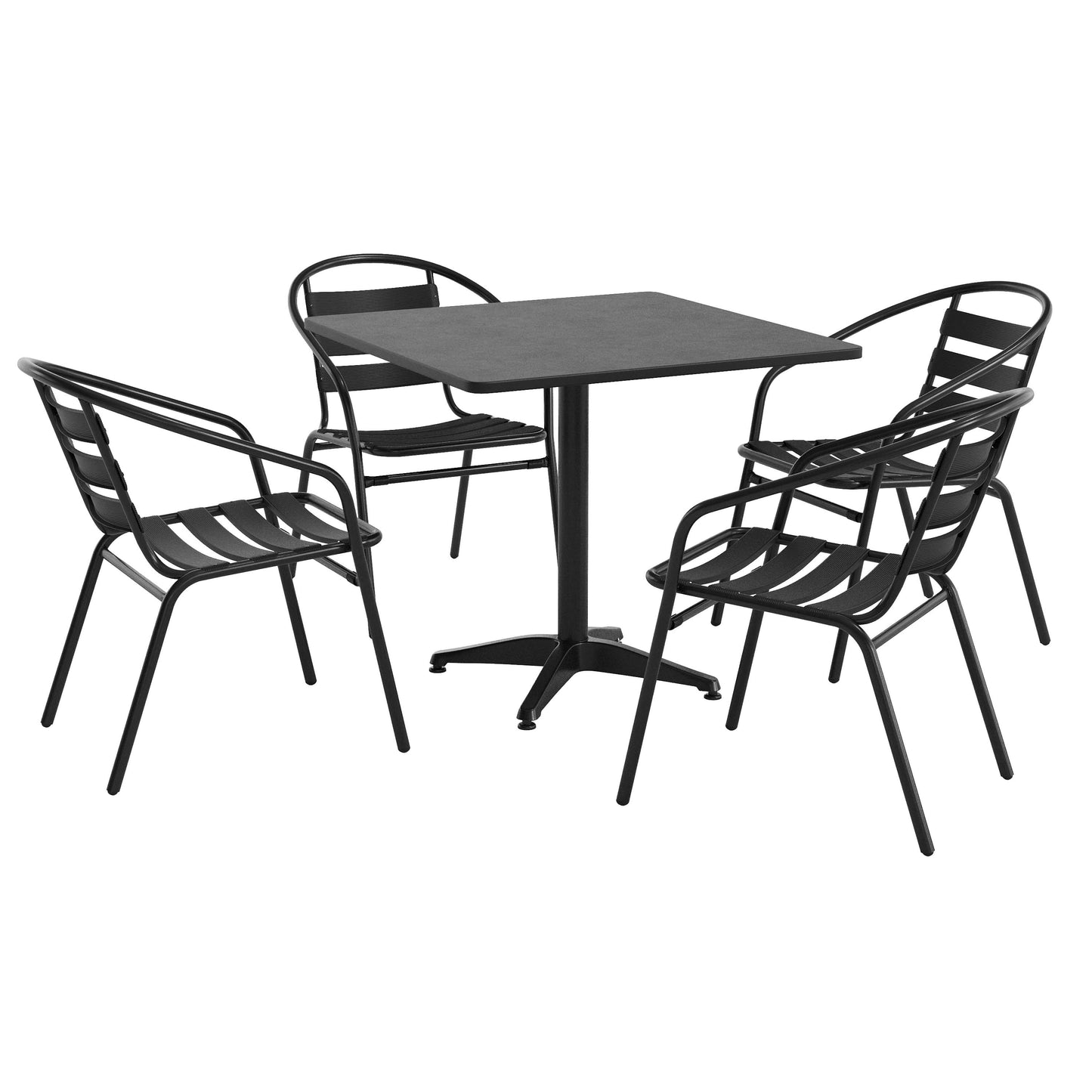 Lila 31.5'' Black Square Aluminum Indoor-Outdoor Table Set with 4 Black Slat Back Chairs