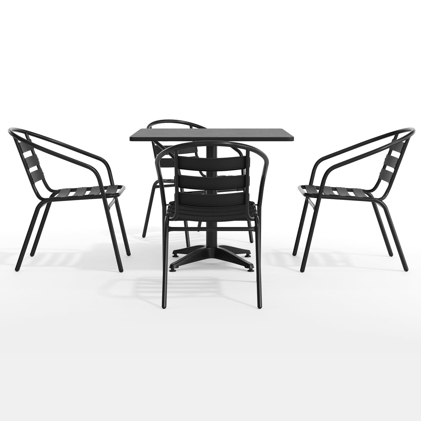 Lila 31.5'' Black Square Aluminum Indoor-Outdoor Table Set with 4 Black Slat Back Chairs