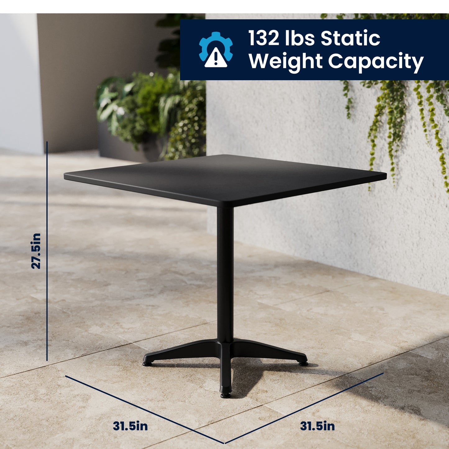 Lila 31.5'' Black Square Aluminum Indoor-Outdoor Table Set with 4 Black Slat Back Chairs