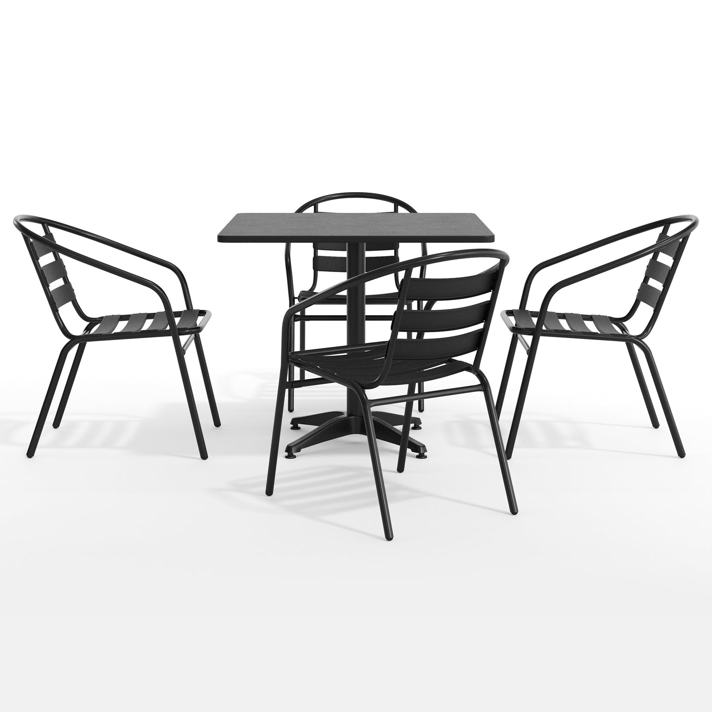 Lila 31.5'' Black Square Aluminum Indoor-Outdoor Table Set with 4 Black Slat Back Chairs