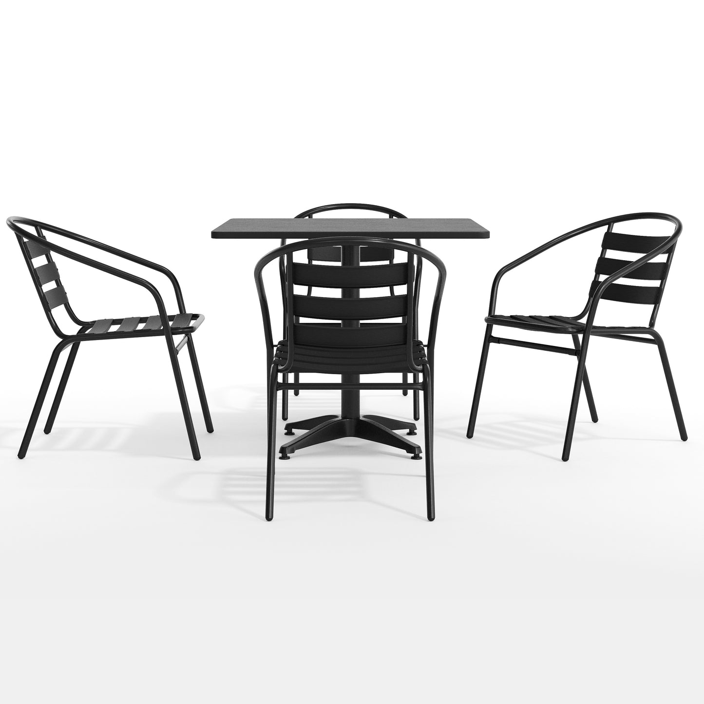 Lila 31.5'' Black Square Aluminum Indoor-Outdoor Table Set with 4 Black Slat Back Chairs