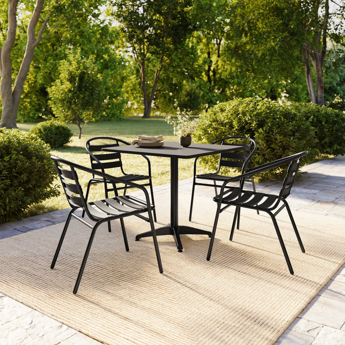 Lila 31.5'' Black Square Aluminum Indoor-Outdoor Table Set with 4 Black Slat Back Chairs