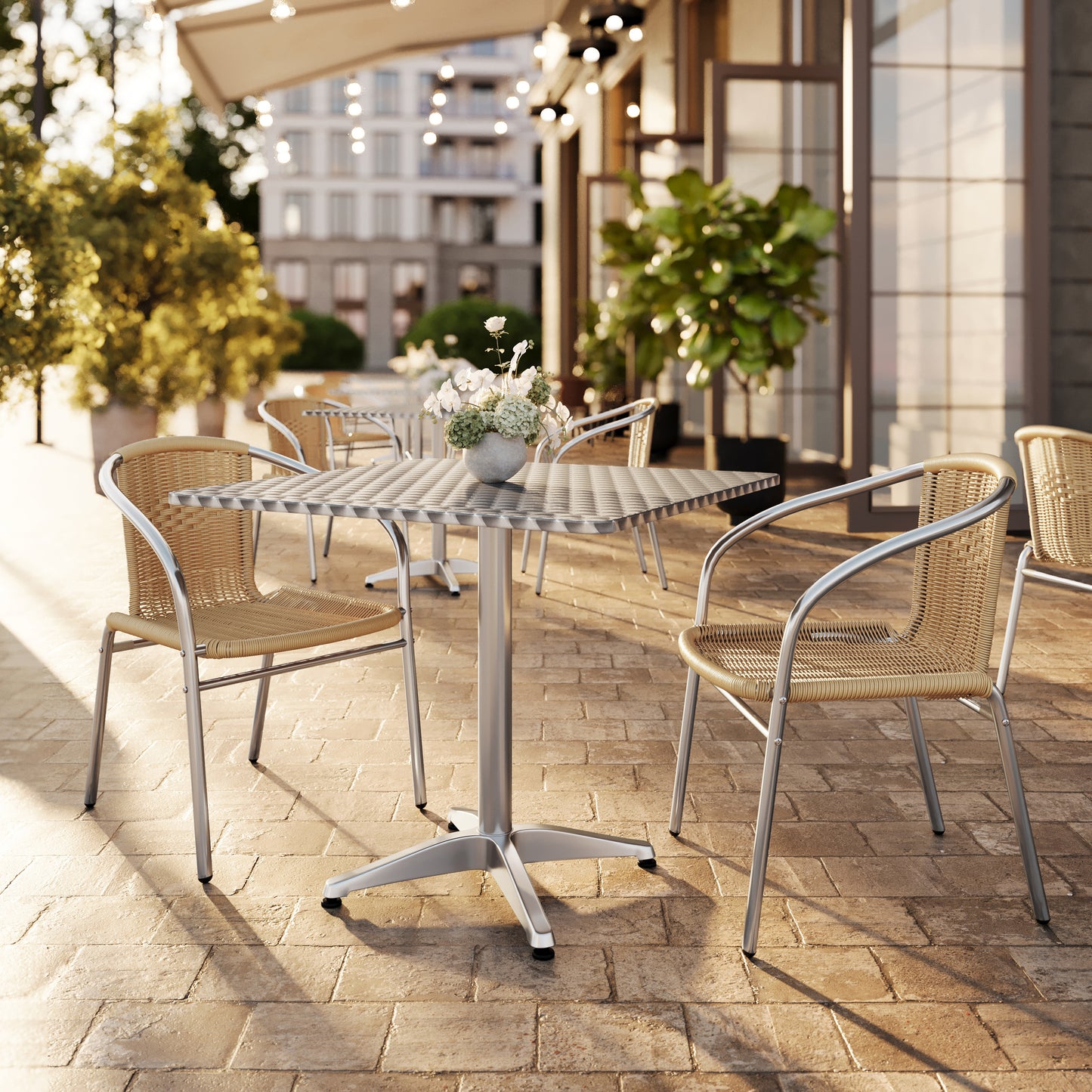 Lila 31.5'' Square Aluminum Indoor-Outdoor Table Set with 2 Beige Rattan Chairs