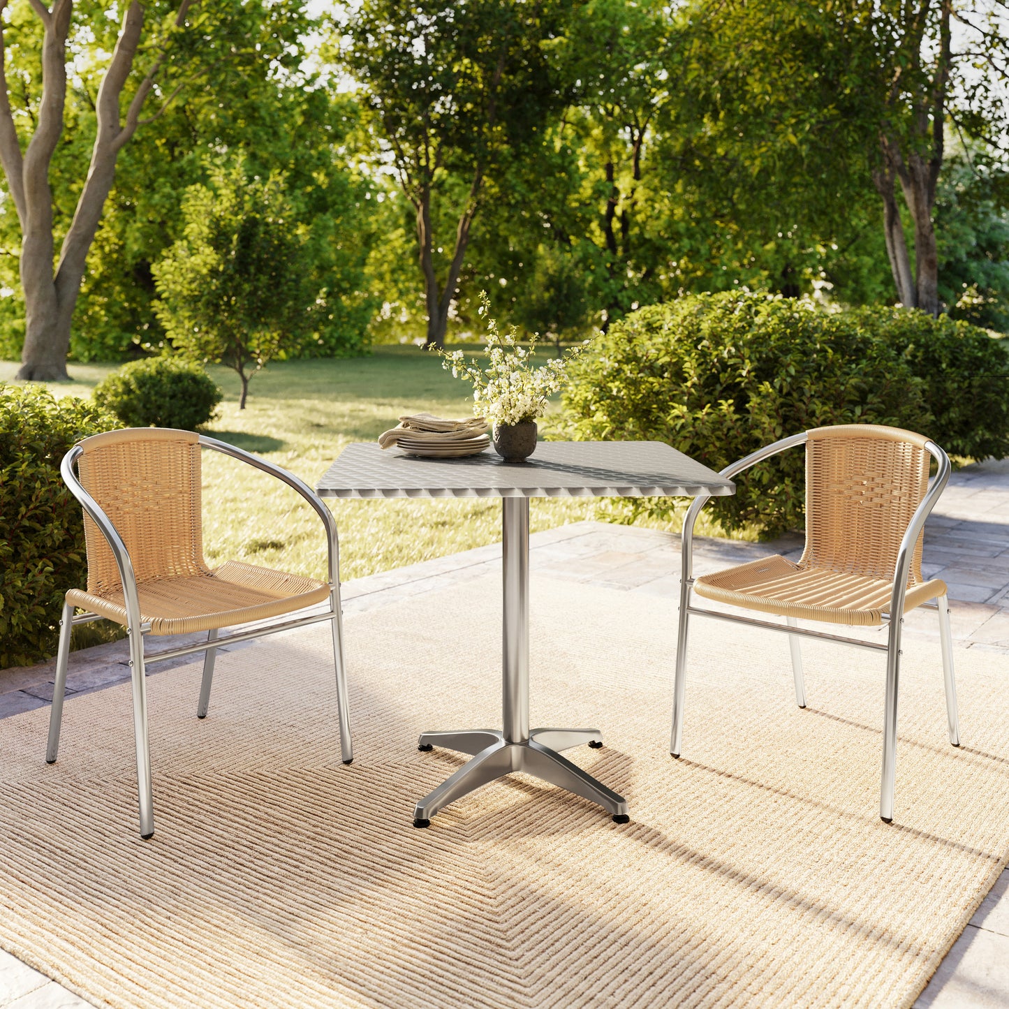 Lila 31.5'' Square Aluminum Indoor-Outdoor Table Set with 2 Beige Rattan Chairs