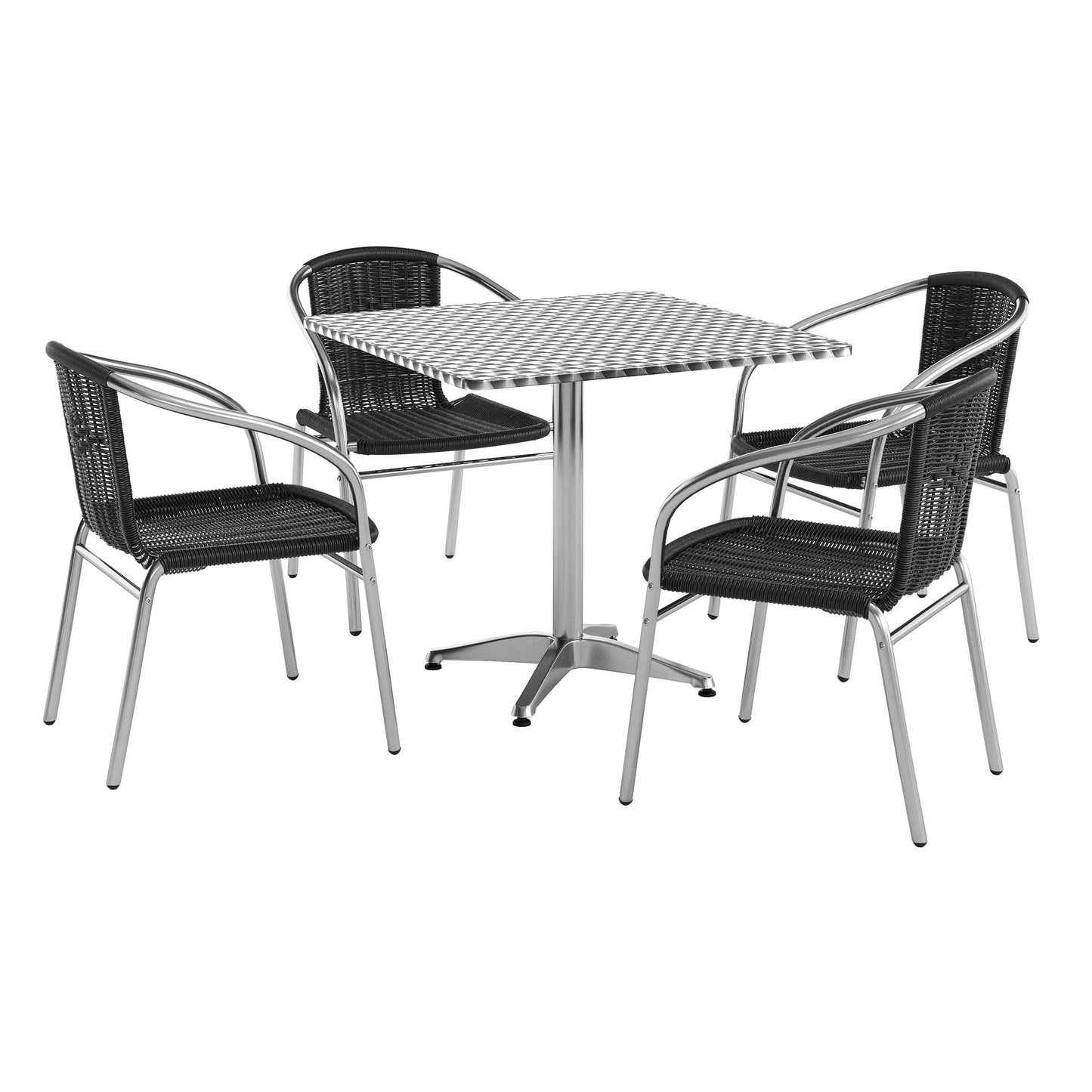 Lila 31.5'' Square Aluminum Indoor-Outdoor Table Set with 4 Black Rattan Chairs