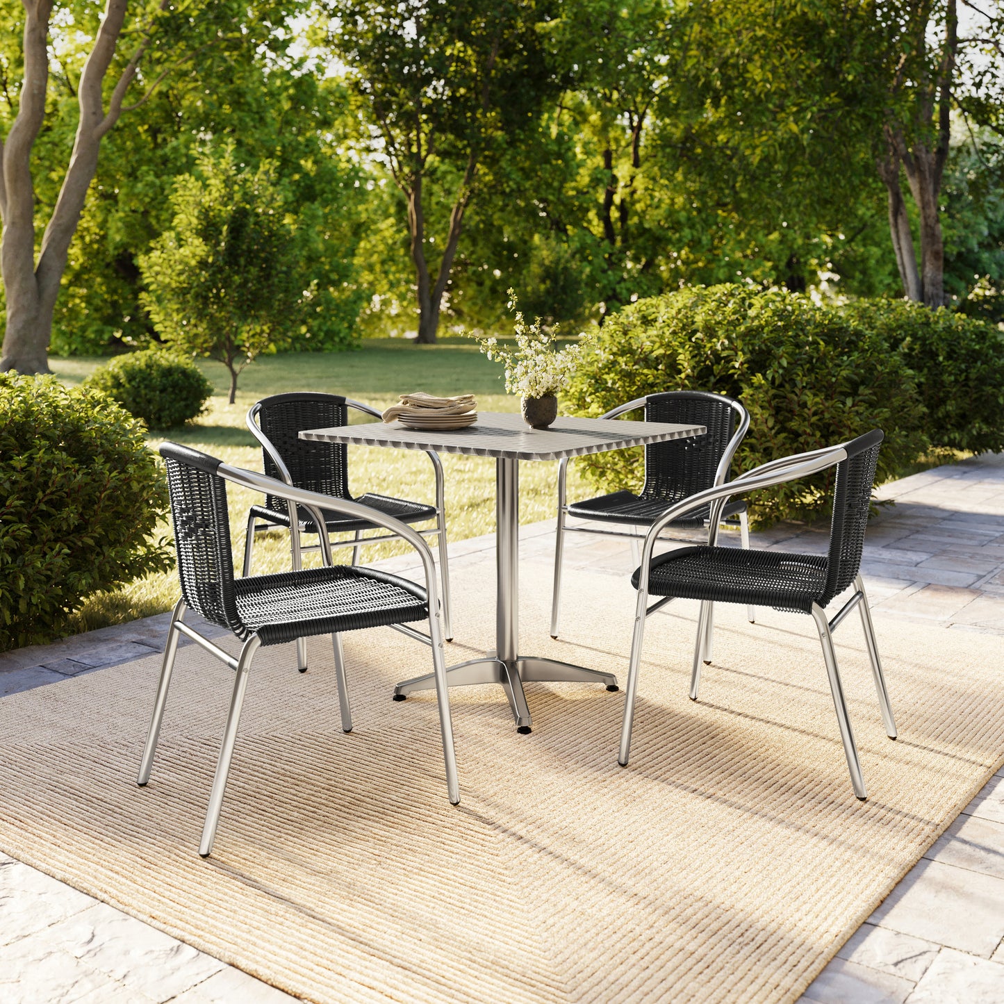 Lila 31.5'' Square Aluminum Indoor-Outdoor Table Set with 4 Black Rattan Chairs