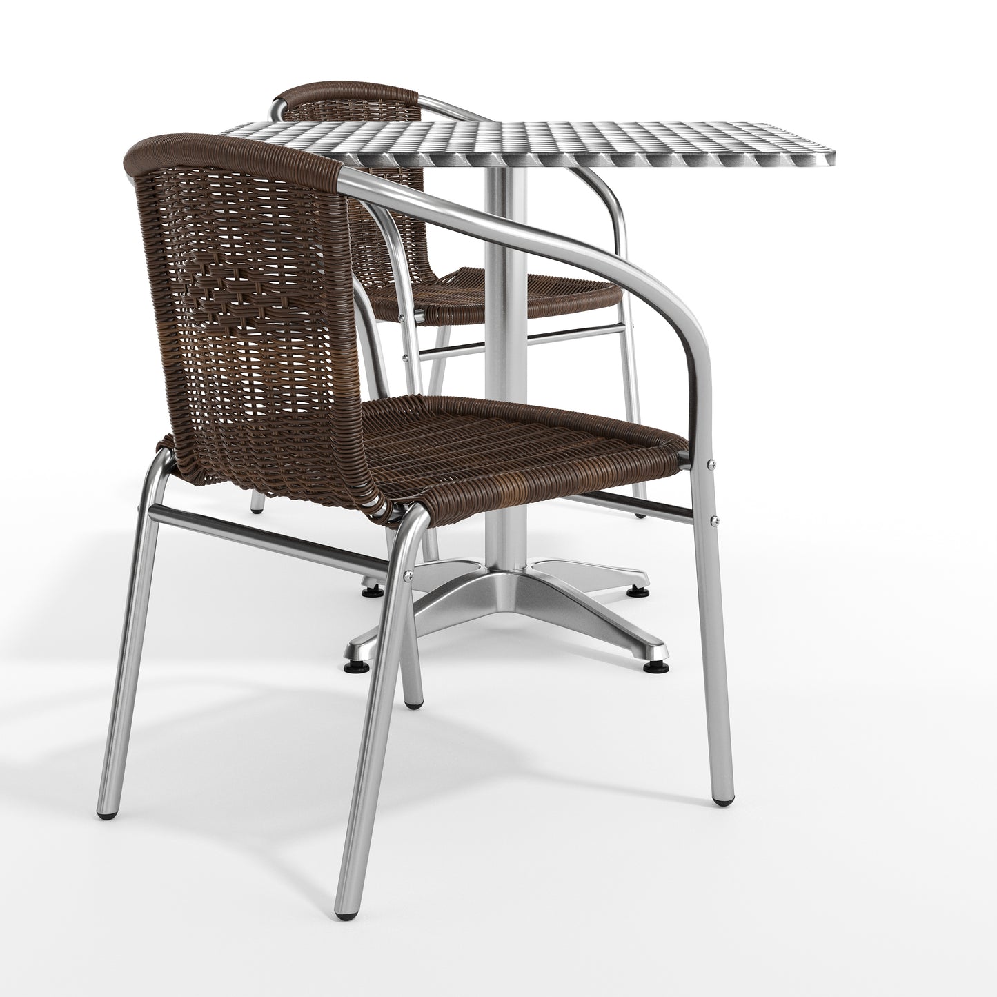 Lila 31.5'' Square Aluminum Indoor-Outdoor Table Set with 2 Dark Brown Rattan Chairs