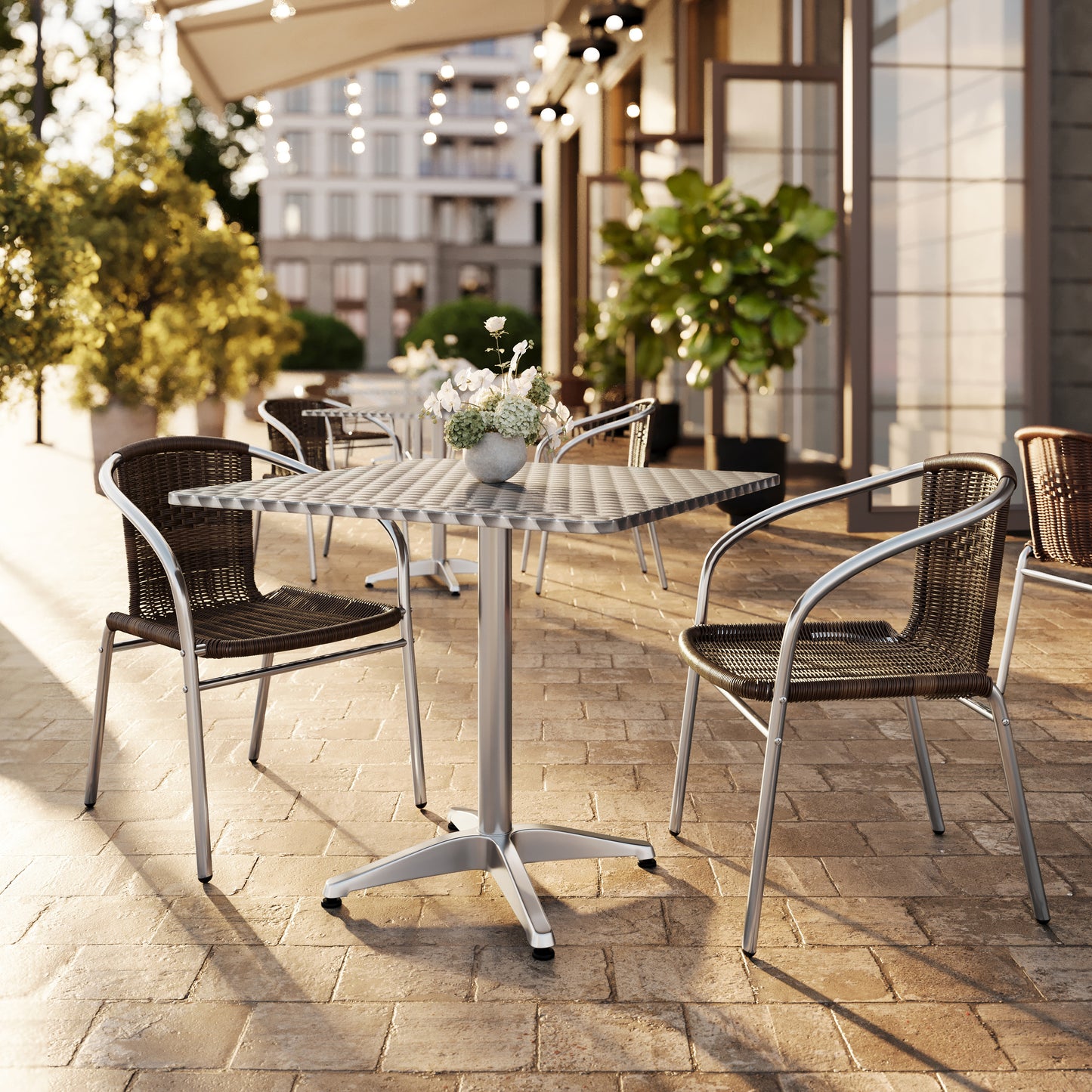 Lila 31.5'' Square Aluminum Indoor-Outdoor Table Set with 2 Dark Brown Rattan Chairs