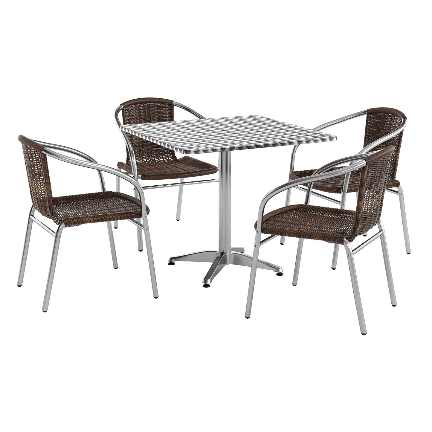 Lila 31.5'' Square Aluminum Indoor-Outdoor Table Set with 4 Dark Brown Rattan Chairs