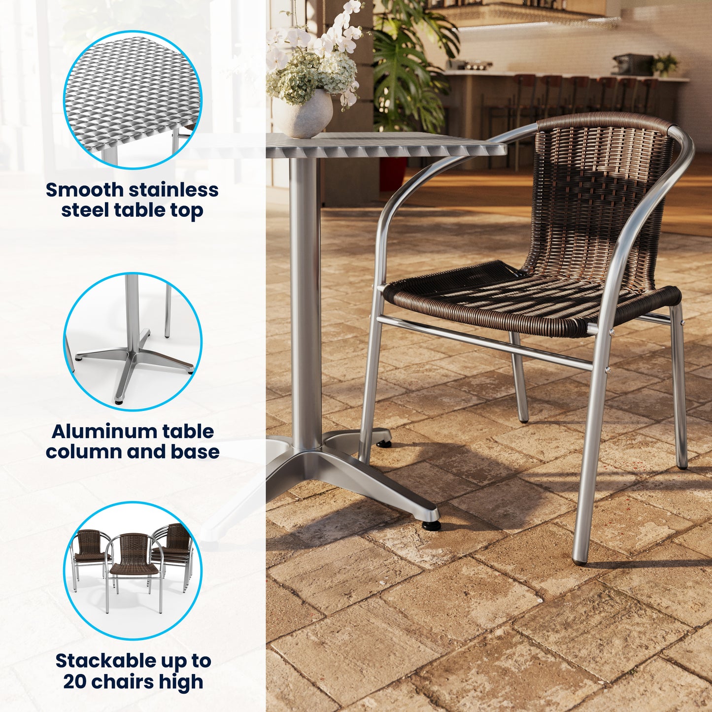 Lila 31.5'' Square Aluminum Indoor-Outdoor Table Set with 4 Dark Brown Rattan Chairs