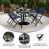 Tory Commercial Grade 35" x 59" Rectangular Patio Table with Tempered Glass Top with Umbrella Hole and Steel Tube Frame in Black