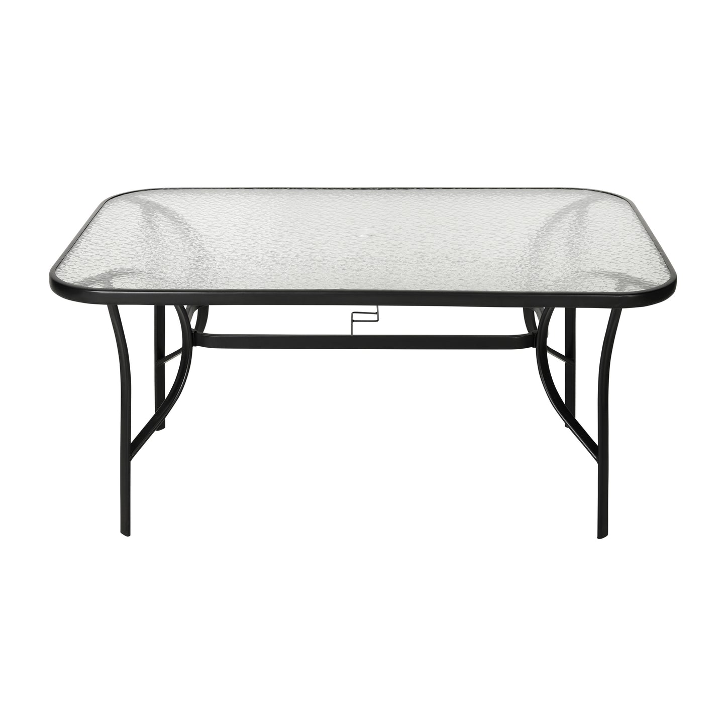 Tory Commercial Grade 35" x 59" Rectangular Patio Table with Tempered Glass Top with Umbrella Hole and Steel Tube Frame in Black