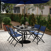 Tory Commercial Grade 35" x 59" Rectangular Patio Table with Tempered Glass Top with Umbrella Hole and Steel Tube Frame in Black