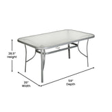 Tory Commercial Grade 35" x 59" Rectangular Patio Table with Tempered Glass Top with Umbrella Hole and Steel Tube Frame in Silver